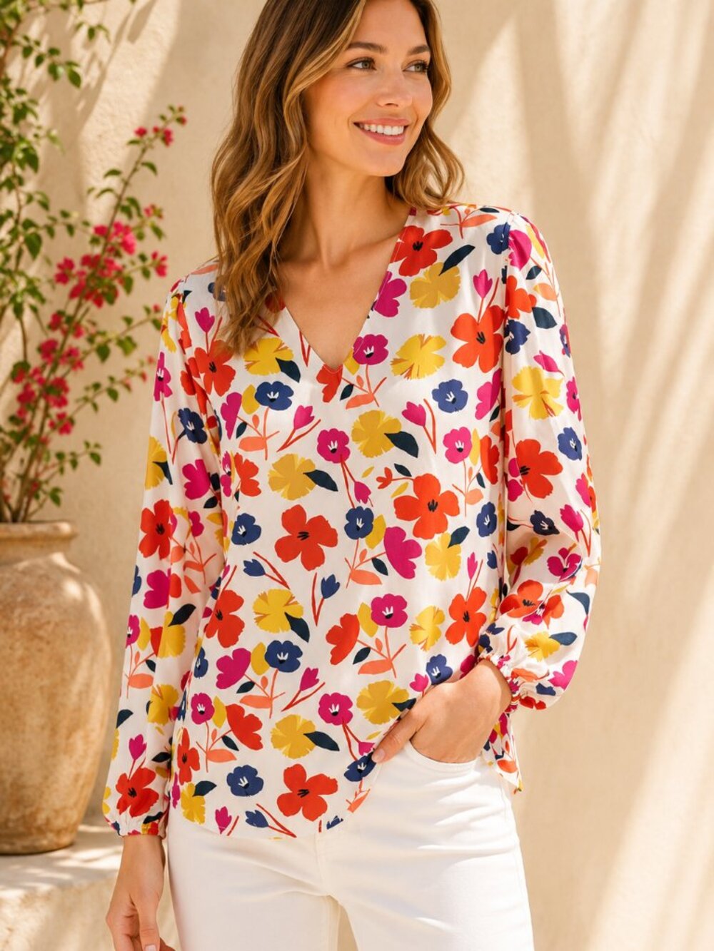 Michelle McDowell Silas Floral Love Poppy V-Neck Blouse Multicolor S